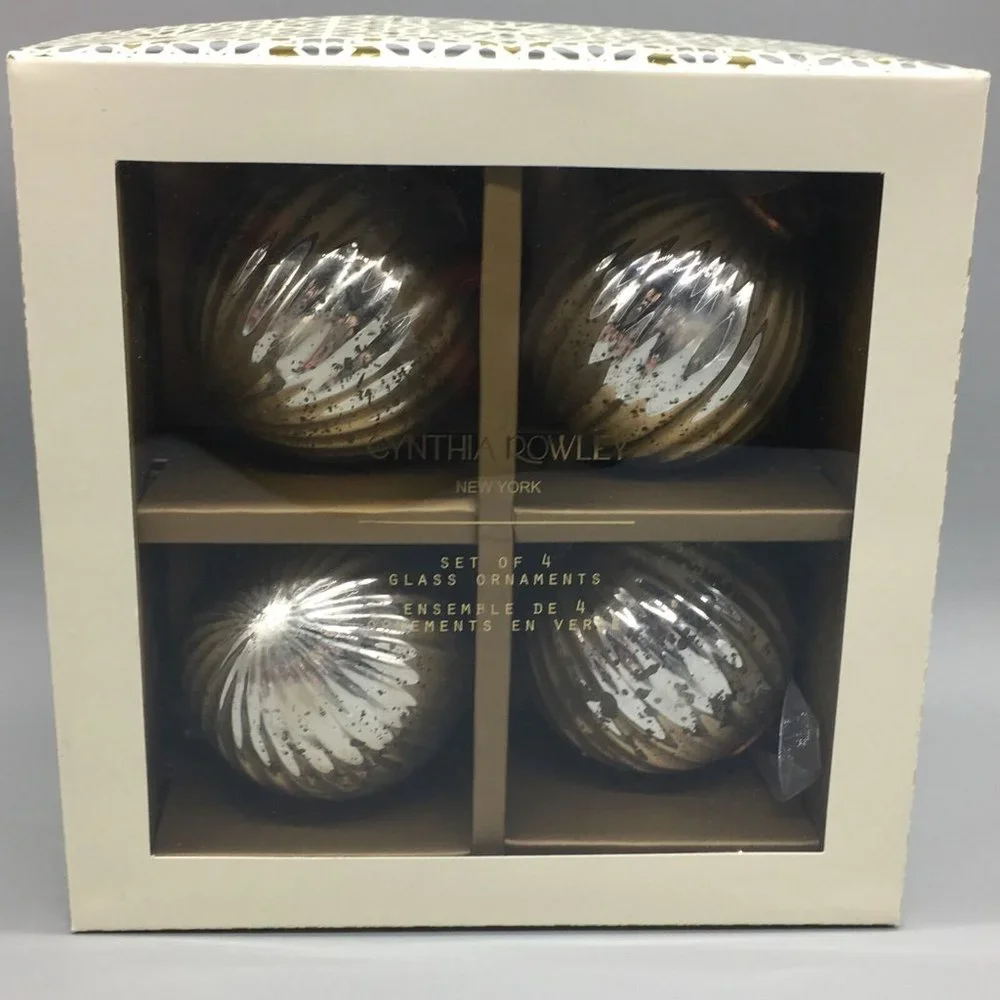 x4 Cynthia Rowley Christmas Silver Mercury Glass Ornament Set Copper 4
